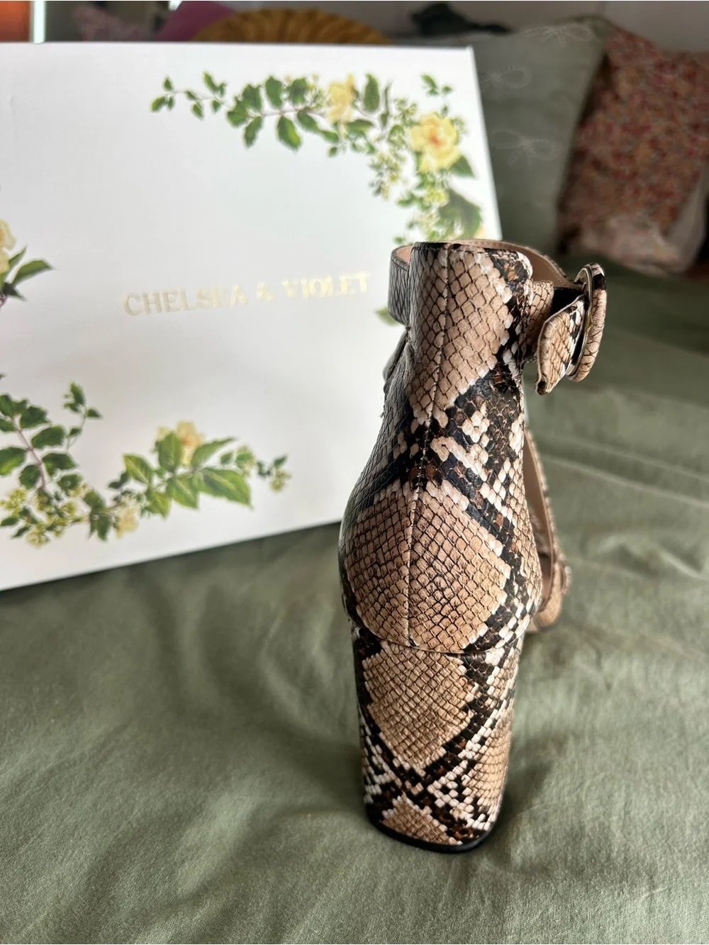 Chelsea & Violet Snake-Print Strappy Block Heel Sandals in Tan and Brown